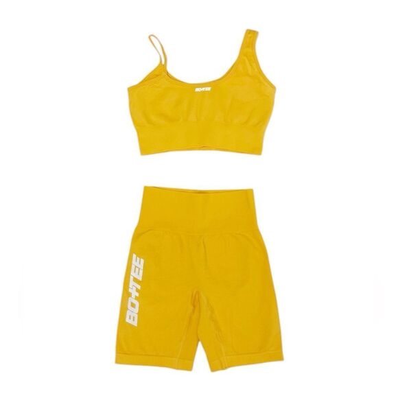 BO + TEE Asymmetrical Sports Bra & Matching Biker Shorts in Orange/Mango - Picture 2 of 3